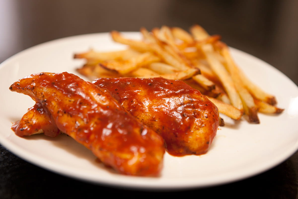 Barbeque Glazed Chicken Tenders and Oven Fries