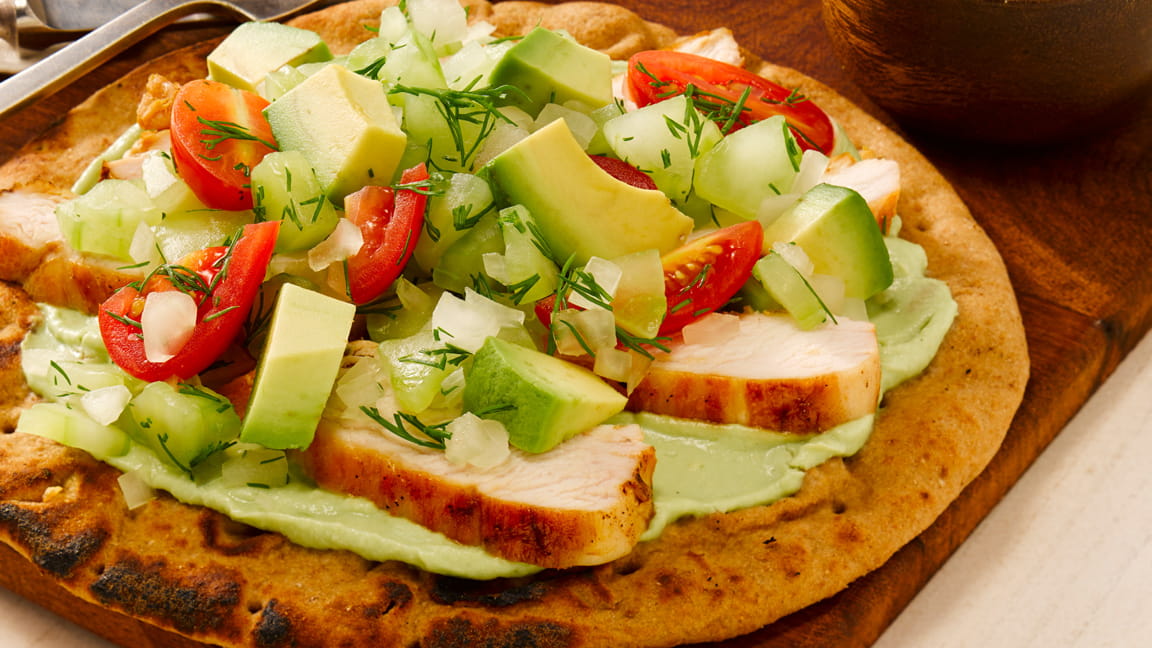 Grilled Chicken Flatbread with Avocado Yogurt and Chopped Salad