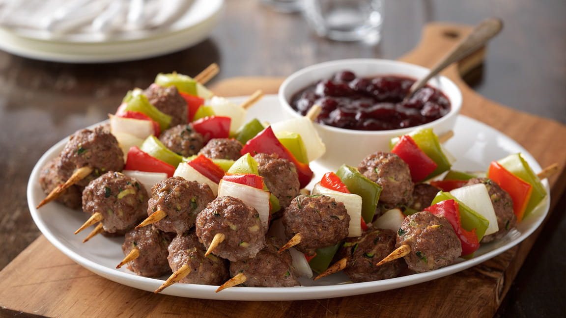Holiday Mini Beef Meatball Skewers with Cranberry Barbecue Sauce