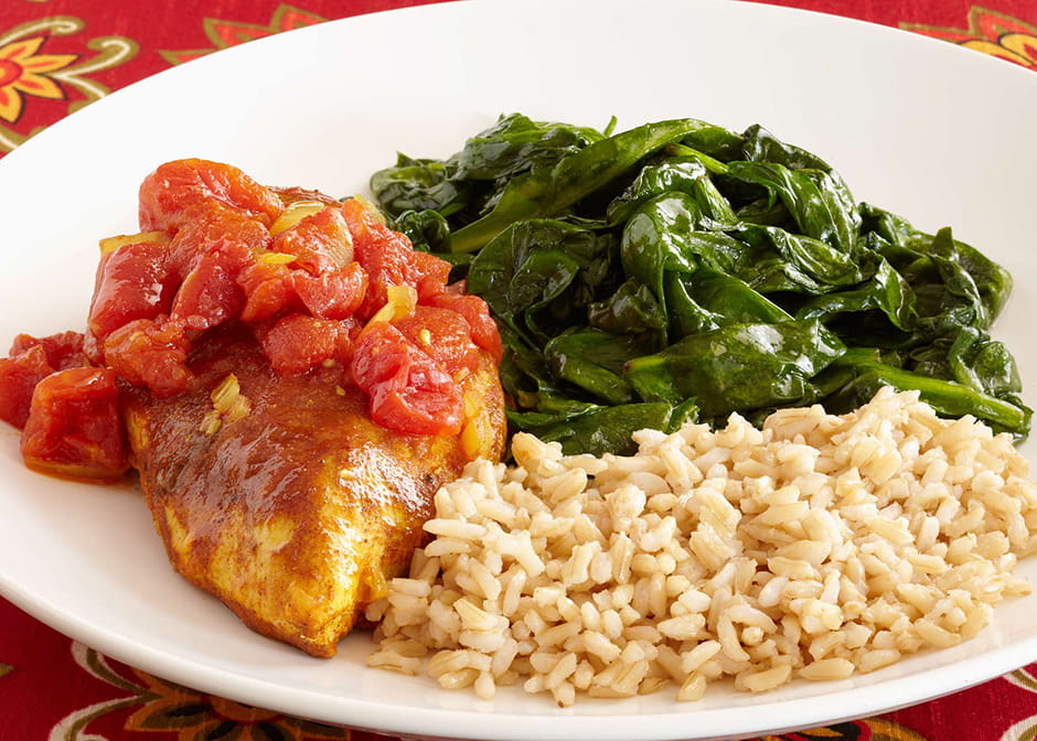 Moroccan Chicken with Brown Rice and Lemon Sauteed Spinach