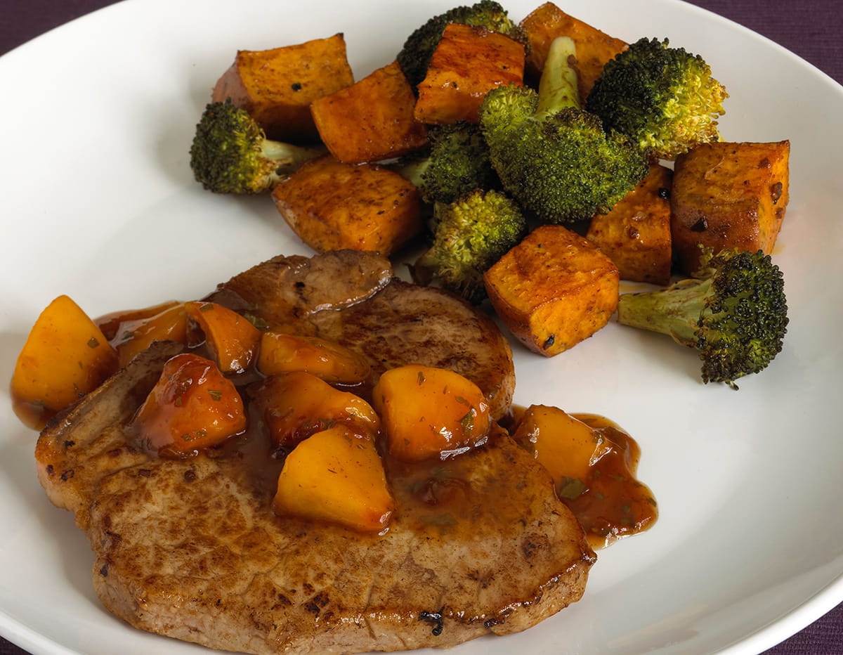 Pork Chops with Balsamic Peach Glaze, Roasted Sweet Potatoes and Broccoli
