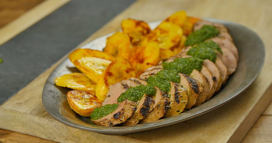 Grilled Cuban Mojo Marinated Pork Tenderloin with Fried Plantains