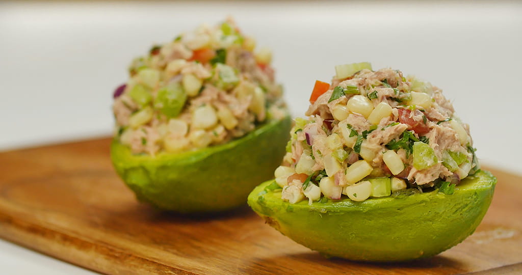 tuna stuffed avocados with corn salsa