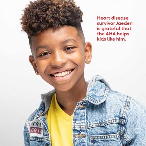 Heart disease survivor Jaeden is grateful that the AHA helps kids like him.