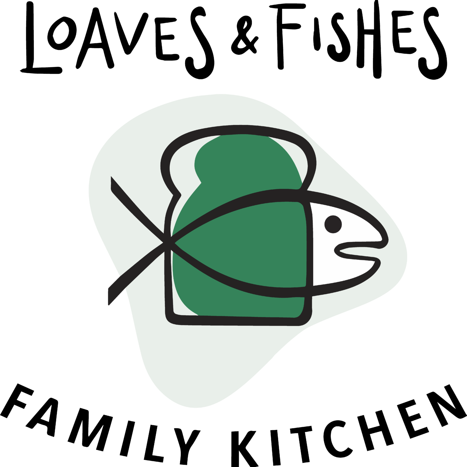 Loaves & Fishes Family Kitchen logo: green and black digital line art of a fish on top of a slice of bread