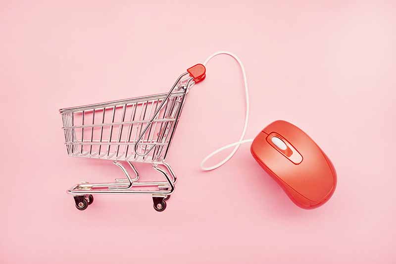 imagen de un pequeño carrito de compras y un mouse de computadora rojo sobre fondo rosa, compras en línea