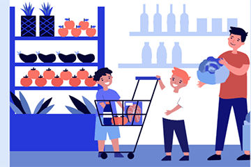 Father and kids grocery shopping illustration. 