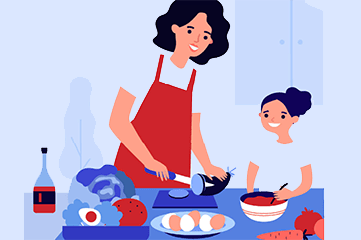 Mother and child prepping healthy food illustration. 