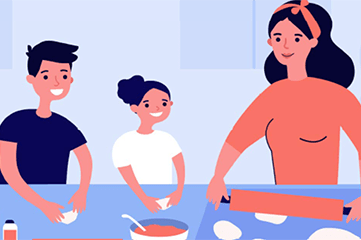 Kids cooking with mom illustration.