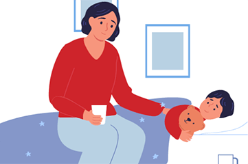 Mother putting her kid to bed illustration.