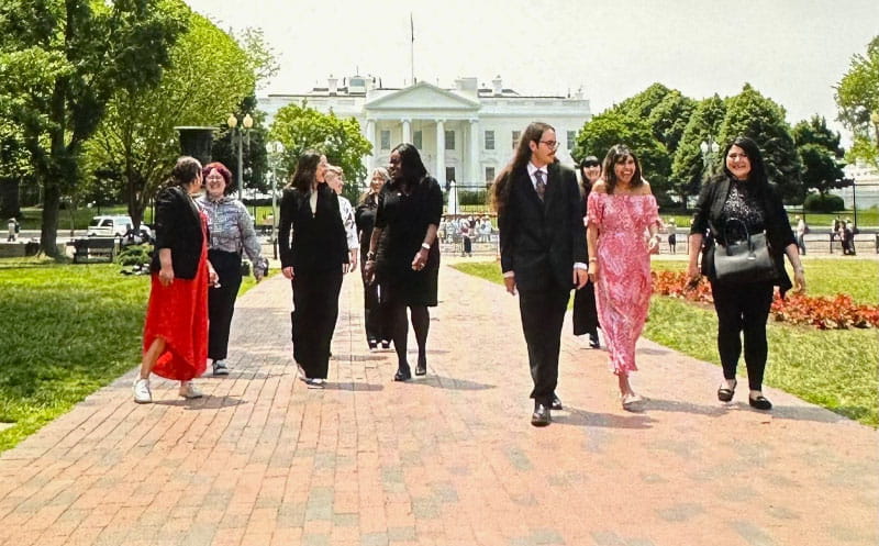 You're the Cure advocates, along with 2022-23 AHA President Dr. Michelle Albert (center), leave the White House on May 24, 2023, after taking part in a roundtable on federal SNAP food assistance. The group was participating in the AHA’s federal fly-in, which brought advocates to Washington, D.C., to meet with lawmakers about critical nutrition programs and access to automated external defibrillators. (Richard Greenhouse/American Heart Association)