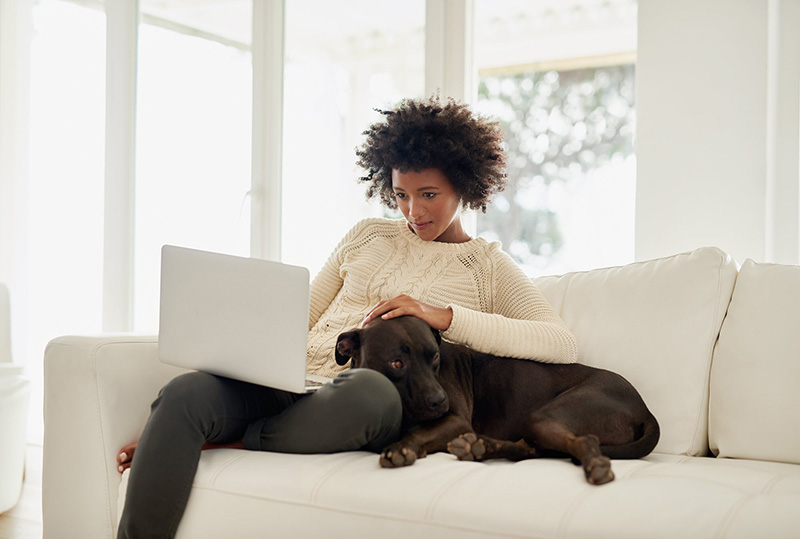 Mujer usando su computadora portátil en el sofá con su perro