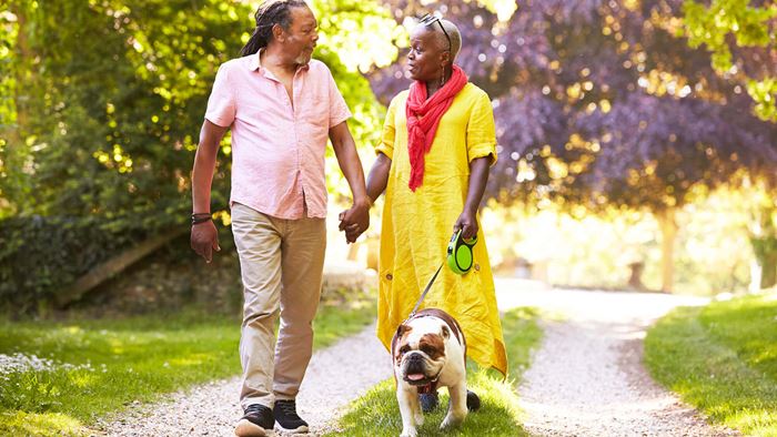 Pareja paseando al perro