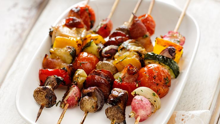 grilled fruit, vegetables and meat on skewer
