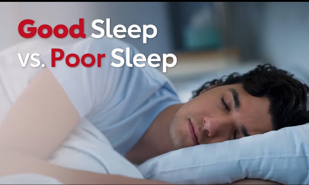 man sleeping with text overlay 'good sleep vs. poor sleep'