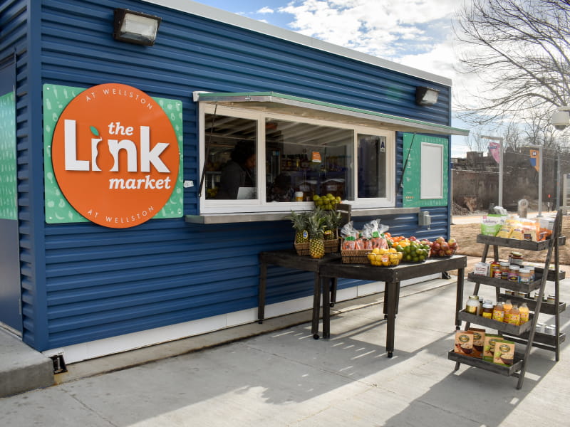 Link Market offers many staple grocery items in the retrofitted shipping containers and mobile units, but places an emphasis on fresh fruits and vegetables at affordable prices.  (Photo by Serena Bugett-Teague)