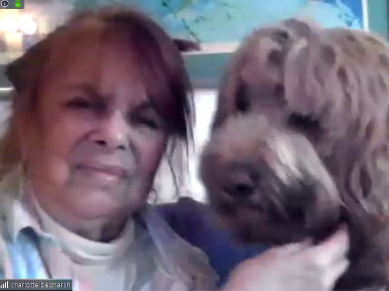 Charley Bednarsh with her dog, Atticus, during a recent Zoom call.