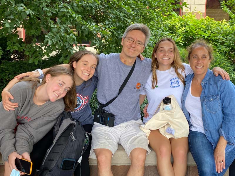 Kevin and Marjorie Volpp (middle and far right) with daughters Daphne, Anna and Thea (left to right) in a photo taken upon his discharge from the University of Cincinnati Medical Center in July. (Photo courtesy of the Volpp family)