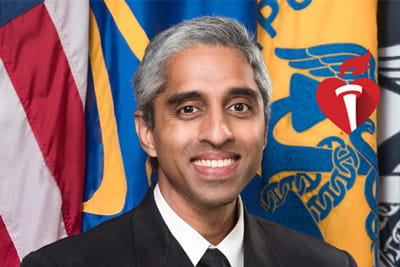 a portrait of Vivek Murthy, MD, with the United States flag and others in the background