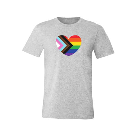 AHA Pride unisex jersey grey t-shirt with an LGBTQ+ heart graphic