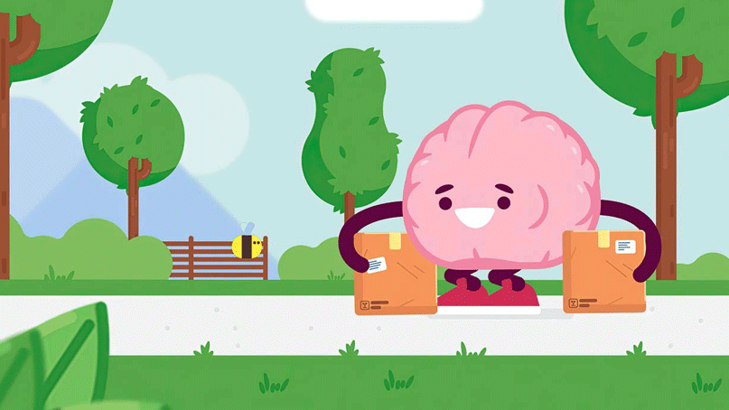 Una colorida ilustración de un personaje cerebral rosa en un parque con una caja de cartón en cada brazo