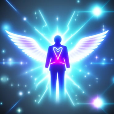 Ilustración digital de la silueta de una persona con alas blancas y un corazón rosa sobre el torso.