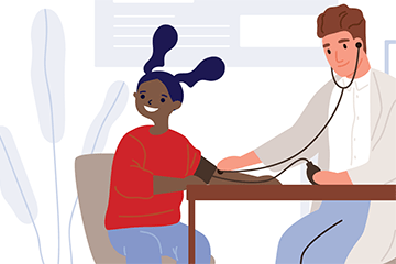 Ilustración de un médico tomando la presión arterial de un niño
