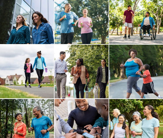 Collage of diverse people walking