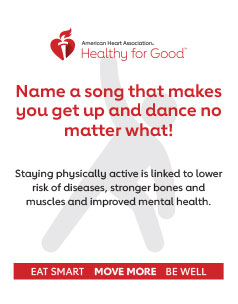 Name a song that makes you get up and dance no matter what!  Staying physically active is linked to lower risk of diseases, stronger bones and muscles and improved mental health.  Name a song that makes you get up and dance no matter what!  Staying physically active is linked to lower risk of diseases, stronger bones and muscles and improved mental health.