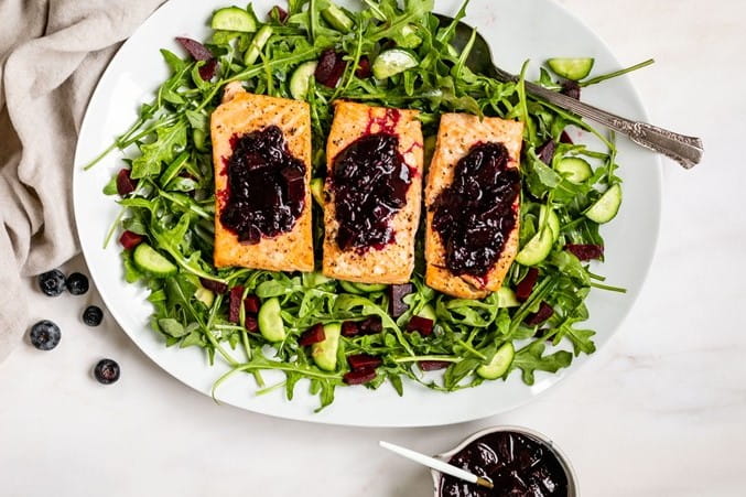 Baked Salmon with Blueberry Beet Sauce
