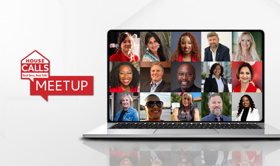 A red House Calls Meetup graphic is to the left of a colorful grid of diverse faces on a laptop screen.