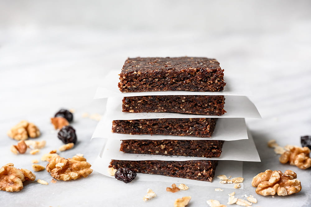 No-Bake Walnut, Cocoa, Cherry Bars