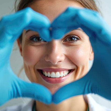 Female dentist making heart shape with hands wearing medical gloves