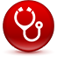 Stethoscope icon on shiny red circle button.